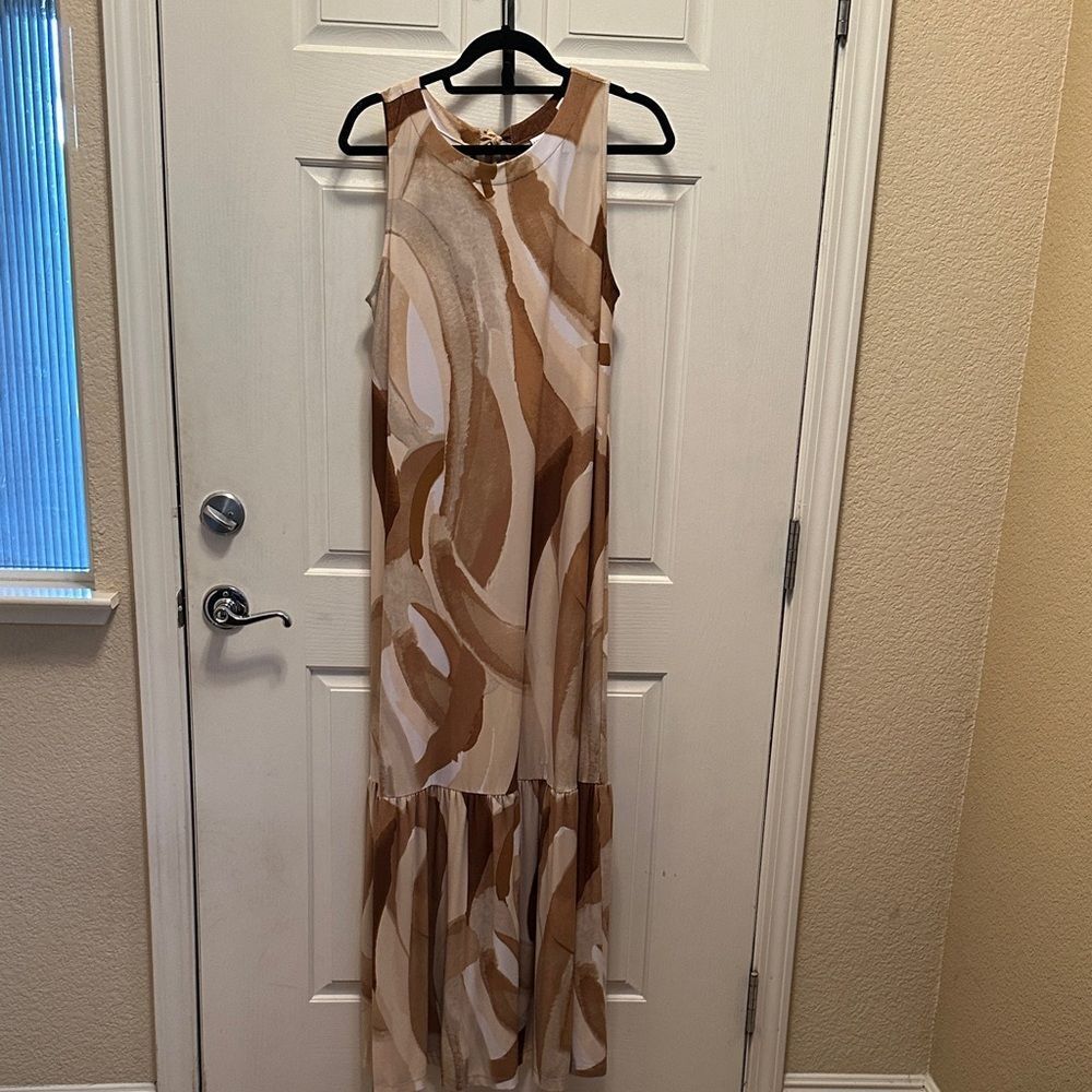 Susan Graver Brown and Cream Maxi Dress Abstract Print Size M
